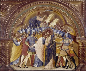 A tomada de Cristo, detalhe do políptico de Santa Chiara. (óleo sobre madeira, cerca de 1350)