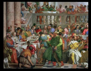 A festa de casamento em Caná, detalhe de mesa de banquete com homem em um manto verde e anão com um papagaio, c.1562 óleo sobre tela detalhe de 94932