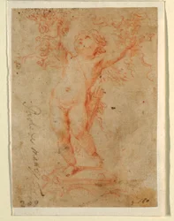 Desenho, Cupido a levantar ramos de flores com os dois braços, 1710-28