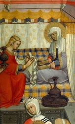 Retábulo da Natividade da Virgem de Paolo di Giovanni Fei (cerca de 1345 - cerca de 1411), têmpera sobre madeira, pormenor