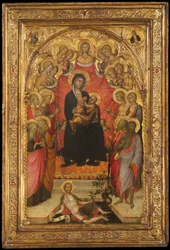 Madonna e criança entronizadas com São João Evangelista, São Pedro, Santa Inês ..., c1385-90.