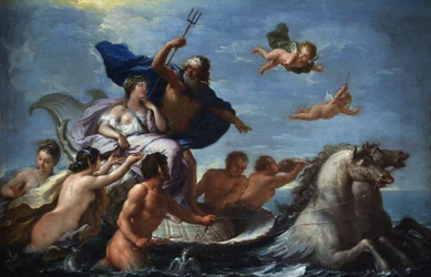 De Matteis, Paolo (1662-1728) Triunfo de Netuno e Óleo de Anfiteatro sobre tela Barroco Itália, Escola de Neaple Villa Margherita, Bordighera 51x76 Pintura
