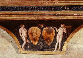 Adão e Eva, de The Virgin of Humility with Angels and Saints, c.1440 (tempera com ouro no painel) (detalhe)