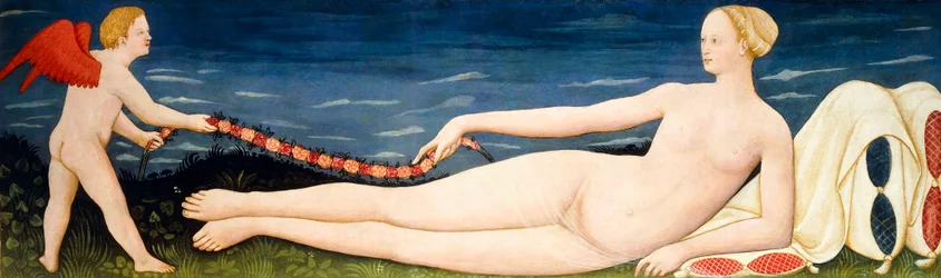 Vênus em travesseiros segurando uma guirlanda de flores com um Putto,