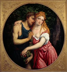 Daphnis e Chloe. A representação mitológica de um casal. Pintura de Paris Bordon ou Bordone (1500-1571)