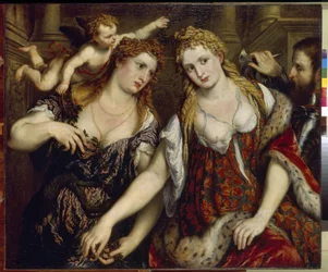 Flora, Vénus, Marte e Cupido. Pintura por Paris Bordone (1500-1571), óleo sobre tela, ca. 1550. Arte italiana (Veneza)