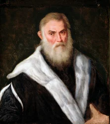 Retrato de um homem velho usando um casaco de pele Pintura de Paris Bordon (1500-1571) Século XVI Dim 70x62 cm Genes Musei di Strada Nuova (ex Palazzo Rosso)