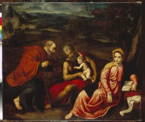 Descanse na fuga para o Egito. Pintura de Paris Bordone (1500-1571), óleo sobre tela