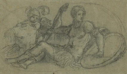 Figura masculina sentada com putto e armadura