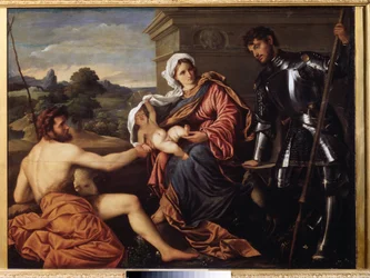 "Madonna e Criança, São João Batista e São Jorge" (Madonna e Criança, São João Batista e São Jorge) Pintura de Paris Bordon ou Bordone (1500-1571) por volta de 1530 Pouchkine Museum, Moscou