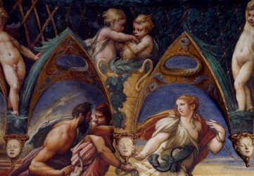 Actaeon com seus companheiros, detalhe de Mito de Diana e Actaeon, cerca de 1524, de Francesco Mazzola, conhecido como Parmigianino (1503-1540), fresco, Quarto de Diana e Actaeon, Rocca Sanvitale, Fontanellato, perto de Parma, Emilia-Romagna, Itália
