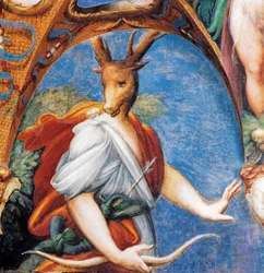 A transformação de Actaeon em veado, de Mito de Diana e Actaeon, cerca de 1524, de Francesco Mazzola conhecido como Parmigianino (1503-1540), fresco, Quarto de Diana e Actaeon, Rocca Sanvitale, Fontanellato, perto de Parma, Emilia -Romagna, Itália