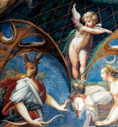 Diana transforma Acteão em veado, pormenor do Mito de Diana e Acteão, cerca de 1524, de Francesco Mazzola, conhecido como Parmigianino (1503-1540), fresco, Sala de Diana e Acteão, Rocca Sanvitale, Fontanellato, perto de Parma, Emília-Romanha, Itália