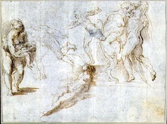 Estudos de figuras: Mulher segurando um bebê; Homem perseguido por outro; Mulher nua deitada no chão; Hércules e o Leão Nemean (tinta marrom e lavagem em papel)