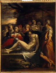 O Sepultamento de Cristo. O corpo de Cristo colocado em uma mortalha fúnebre, pela Virgem Maria, Maria Madalena e São João. Pintura de Parmigianino (1503-1540), óleo sobre tela. Arte italiana (Parma)