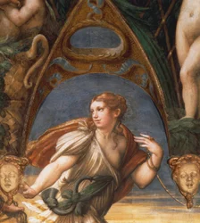 A Ninfa apreendida pelo pastor, por Francesco Mazzola, conhecido como Parmigianino (1503-1540), afresco. Detalhe. Rocca Sanvitale, Fontanellato, Emilia Romagna.