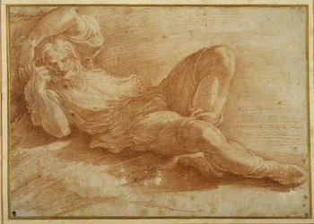 Figura barbada, a dormir (giz vermelho sobre papel branco)