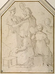 Grupo doméstico, duas mulheres em pé e quatro sentadas (caneta e tinta castanha com uma lavagem castanha pálida em papel branco)