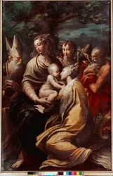 Nossa Senhora com o Menino, Santa Margarida, São Miguel, São Jerónimo e São Petrónio (Petrone, Petronius). Pintura de Francesco Mazzola, chamado Il Parmigianino ou o Parmesão (1503-1540), 1528-1529. Dimensões: 222 x 147 cm. Bolonha, Pinacoteca Nazionale.