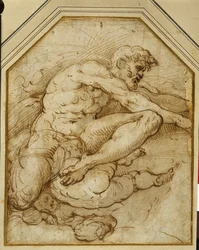 Figura masculina, nascida no alto das nuvens por putti (caneta e tinta marrom com lavagem em papel)