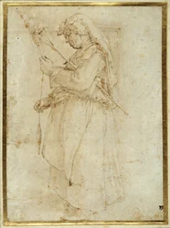 Mulher idosa com um distaff, de pé diante de uma lareira (caneta e tinta marrom sobre papel branco)