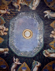 Putti e Glimpse of sky, cerca de 1524, de Francesco Mazzola, conhecido como Parmigianino (1503-1540), fresco, abóbada de Room of Diana e Actaeon, Rocca Sanvitale, Fontanellato, perto de Parma, Emilia-Romagna, Detalhe, Itália