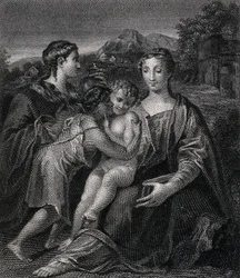 Santa Maria (a Bem-Aventurada Virgem) com o Menino Jesus, São João Batista e Santa Maria Madalena. Gravura segundo G.F.M. Mazzola, il Parmigianino.