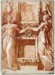 Dois canéforos dando a mão, em ambos os lados das caixas Desenho em tinta, aguado, sangue e abas brancas por Girolamo Francesco Maria Mazzola dit Parmigianino ou Le Parmesan