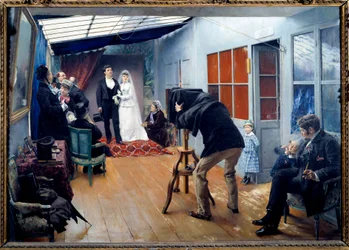 Um casamento com o fotógrafo em 1879 Casal de jovens noivas posando no estúdio do fotógrafo. Pintura de Pascal Adolphe Jean Dagnan-Bouveret (1852-1929) 1879 Sol. 0,85x1,22 m Lyon, musee des Beaux Arts - Festa de casamento no estúdio do fotógrafo