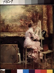 "Jovem Aguarelista no Louvre" Está vestida à moda da Belle Epoque, e está sentada num banquinho. Pintura de Pascal Adolphe Jean Dagnan-Bouveret (Dagnan Bouveret) (1852-1929) 1889 aproximadamente