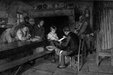 O acidente (1879): um médico cura a lesão de um jovem camponês. Gravura após a pintura de Pascal Dagnan-Bouveret (Dagnan Bouveret) (1852-1929). Em "O Mundo Ilustrado" n°1208 de 22 de maio