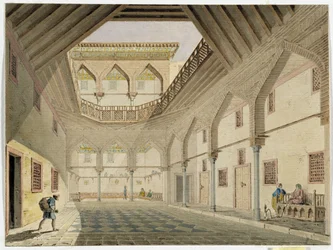 Vista do interior de um caravanserail, casa de Azir Osman Agha. Aguarela de Pascal Coste (1787-1879) Museu de Arqueologia Mediterrânica, Marselha