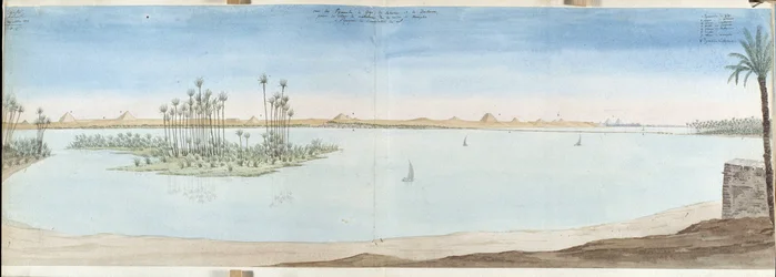 Vista das Pirâmides de Guiseh (Guiseh, Gizé, Gizé), Sakarra e Datekour. Egito Aquarela de Pascal Coste (1787-1879) Biblioteca Municipal de Marselha