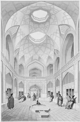 Bazar Adji Seid Hussein, em Kashan, da "Voyage Pittoresque" da Pérsia, gravado por Louis Felix Penel (fl.1780-1830) publicado por Lemercier, Paris, 1856