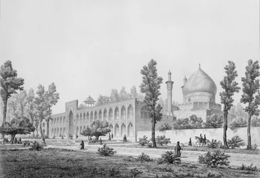Madrasa-yi Masjid-i Shah Sultão Hussein, em Isfahan, de &39;Voyage Pittoresque&39; of Persia, gravado por Claude Sauvageot (1832-85) publicado por Lemercier, Paris, 1856