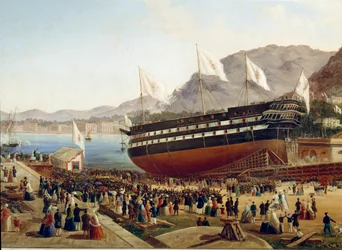 Inauguração do navio Monarca no arsenal de Castellammare, em Nápoles, em 1854, pormenor. Século XIX, Nápoles, Museo Nazionale di San Martino