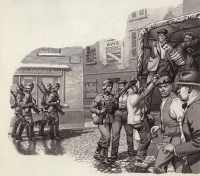 Um soldado alemão a ajudar prisioneiros a fugir de um camião (guache sobre papel)