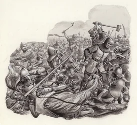 Cavaleiros abatidos no campo de batalha (guache sobre papel)