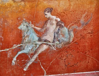 Oplontis, perto de Nápoles, Itália (Nápoles, Itália): murais na Villa Poppaea - pormenor de um fresco romano, cena mitológica do rapto de Europa - arte romana - Foto Patrice Cartier -