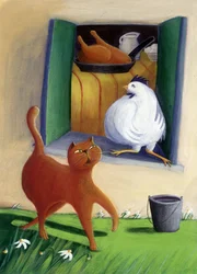 Gato e galinha no pátio da quinta - ilustração de Patrizia La Porta
