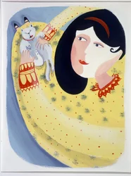 Mulher jovem a acariciar o seu gato - ilustração de Patrizia La Porta