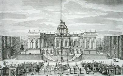 A Grande Gruta e o Jardim da Fonte no Princely Pleasure Palace and Gardens, Berlim, gravada por Johann August Corvinus (1683-1738), publicada c.1711-16 (gravura)