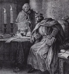 Alfredo o Grande, Rei de Wessex, e os seus relógios de vela (litho)