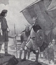 Irmãos Hengist e Horsa chegando a Ebbsfleet, Ilha de Thanet, Kent, durante a invasão dos Anglos, Saxões e Jutes no século V (litho)