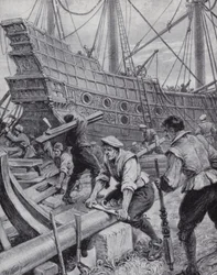 Edifício do galeão inglês Ark Royal, a principal nave na luta contra a Armada Espanhola em 1588 (litho)
