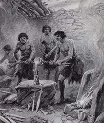 Homens trabalhando em uma fundição durante a Idade do Bronze (litho)