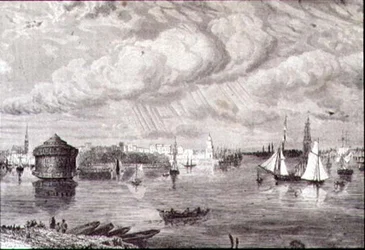 Porto de Nova Iorque na década de 1860 (gravura)