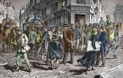 Vista da Rue du Croissant em Paris, sede de muitos jornais