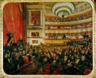 A primeira noite em Paris da ópera Ernani de Verdi, texto segundo o romance de Victor Hugo (pintura sobre tela)