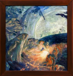 A Verdade arrastando as Ciências para iluminar a Humanidade (O treinamento da Verdade as Ciências a seguem, arrepende-se de sua luz sobre os homens). Pintura de Albert Besnard (1849-1934) - Verdade seguida pelas Ciências e trazendo luz à humanidade - Musee
